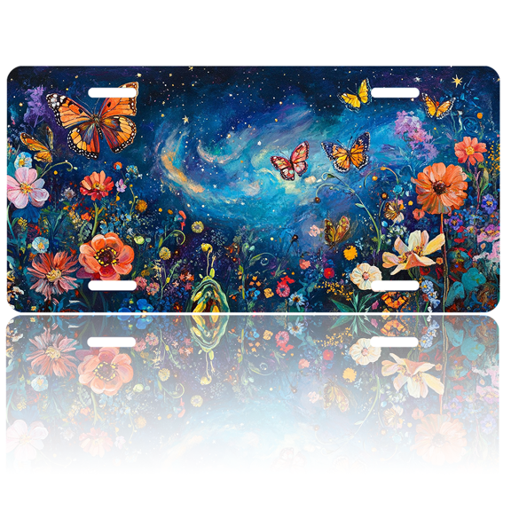 1 Pcs 2D Flat License Plate Covers & Frames, Starry Night with Butterflies For Decorative Front, Waterproof For Decoration Aluminum License Plate Covers & Frames Cover For Men Women, 12" X 6"