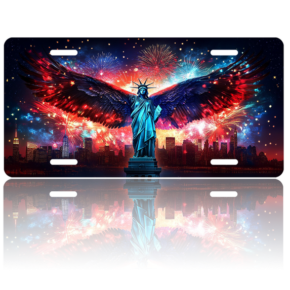 1 Pcs 2D Flat License Plate Covers & Frames, Statue of Liberty with Wings For Decorative Front, Waterproof For Decoration Aluminum License Plate Covers & Frames Cover For Men Women, 12" X 6"