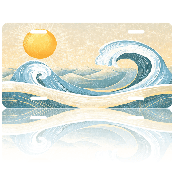 1 Pcs 2D Flat License Plate Covers & Frames, Sun and Sea Waves For Decorative Front, Waterproof For Decoration Aluminum License Plate Covers & Frames Cover For Men Women, 12" X 6"