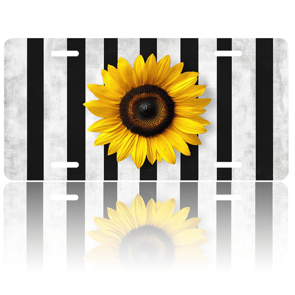 1 Pcs 2D Flat License Plate Covers & Frames, Sunflower on Black For Decorative Front, Waterproof For Decoration Aluminum License Plate Covers & Frames Cover For Men Women, 12" X 6"