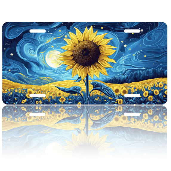 1 Pcs 2D Flat License Plate Covers & Frames, Sunflower under Starry Night For Decorative Front, Waterproof For Decoration Aluminum License Plate Covers & Frames Cover For Men Women, 12" X 6"