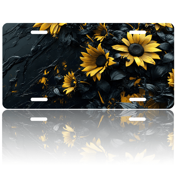 1 Pcs 2D Flat License Plate Covers & Frames, Sunflowers on Dark For Decorative Front, Waterproof For Decoration Aluminum License Plate Covers & Frames Cover For Men Women, 12" X 6"