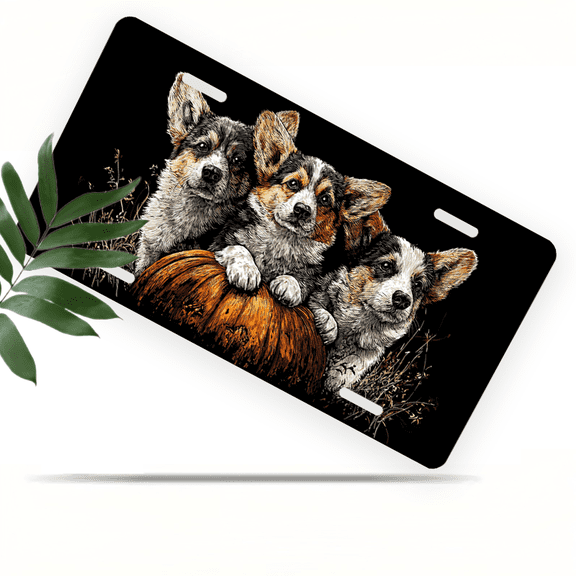 1 Pcs 2D Flat License Plate Covers & Frames, Three Corgi Puppies For Decorative Front, Waterproof For Decoration Aluminum License Plate Covers & Frames Cover For Men Women, 12" X 6"