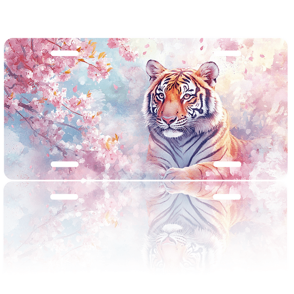 1 Pcs 2D Flat License Plate Covers & Frames, Tiger and Cherry Blossoms For Decorative Front, Waterproof For Decoration Aluminum License Plate Covers & Frames Cover For Men Women, 12" X 6"