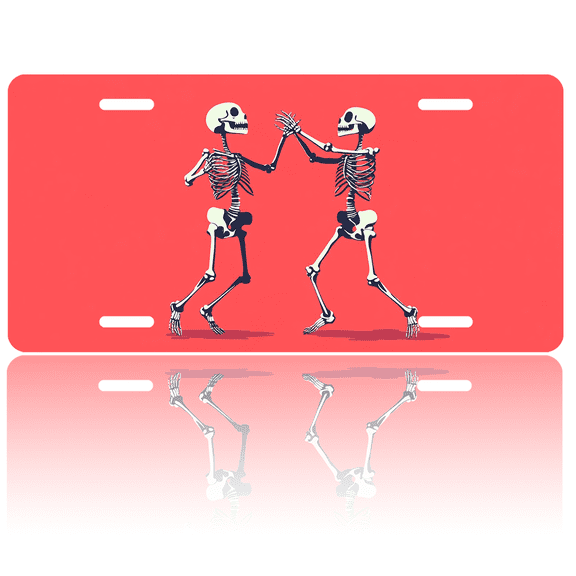 1 Pcs 2D Flat License Plate Covers & Frames, Two Skeletons Dancing For Decorative Front, Waterproof For Decoration Aluminum License Plate Covers & Frames Cover For Men Women, 12" X 6"