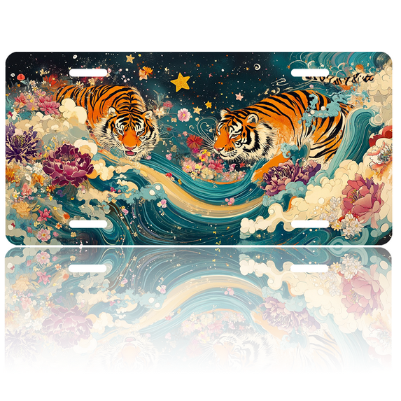 1 Pcs 2D Flat License Plate Covers & Frames, Two Tigers in a Fantasy Scene For Decorative Front, Waterproof For Decoration Aluminum License Plate Covers & Frames Cover For Men Women, 12" X 6"
