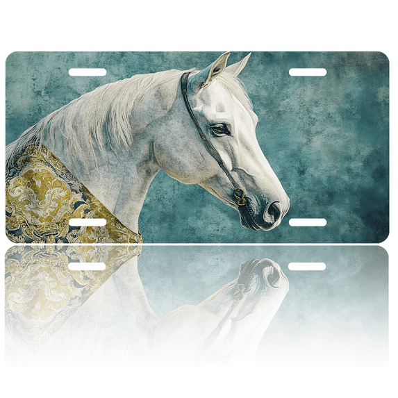1 Pcs 2D Flat License Plate Covers & Frames, White Horse For Decorative Front, Waterproof For Decoration Aluminum License Plate Covers & Frames Cover For Men Women, 12" X 6"
