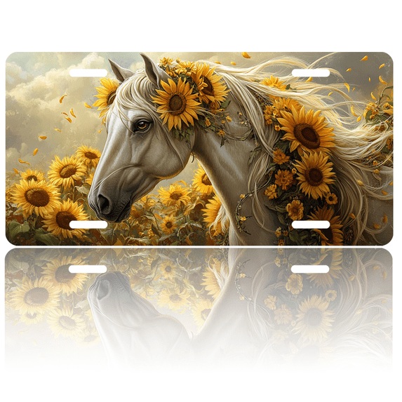 1 Pcs 2D Flat License Plate Covers & Frames, White Horse with Sunflowers For Decorative Front, Waterproof For Decoration Aluminum License Plate Covers & Frames Cover For Men Women, 12" X 6"