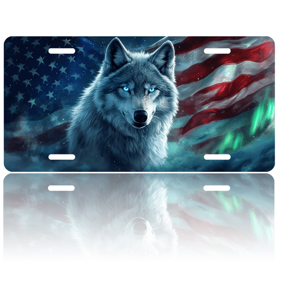 1 Pcs 2D Flat License Plate Covers & Frames, Wolf and American Flag For Decorative Front, Waterproof For Decoration Aluminum License Plate Covers & Frames Cover For Men Women, 12" X 6"