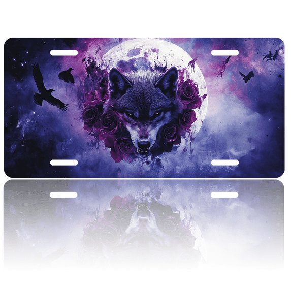 1 Pcs 2D Flat License Plate Covers & Frames, Wolf and Moon with Roses For Decorative Front, Waterproof For Decoration Aluminum License Plate Covers & Frames Cover For Men Women, 12" X 6"