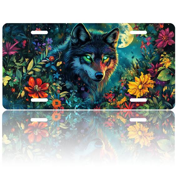1 Pcs 2D Flat License Plate Covers & Frames, Wolves in a Flowering Field For Decorative Front, Waterproof For Decoration Aluminum License Plate Covers & Frames Cover For Men Women, 12" X 6"