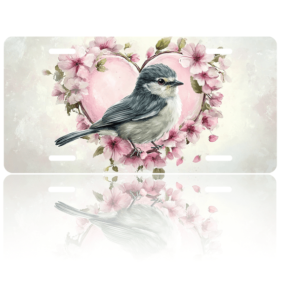 1 Pcs 2D Flat License Plate Covers & Frames, A bird among pink flowers For Decorative Front, Waterproof For Decoration Aluminum License Plate Covers & Frames Cover For Men Women, 12" X 6"
