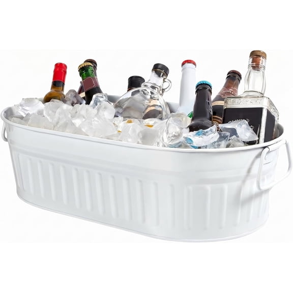 1 Pcs 5.3 gallons Galvanized Beverage Tub Galvanized Bucket Metal Ice and Drink Bucket with Handles Tub for Parties Farmhouse Home Pool Bar (White)