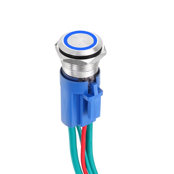 1 Pcs 5/8 Inch Stainless steel Momentary Button Switch 1NO 10A 12-24V Blue Ring Lamp with Socket Plug with Wire