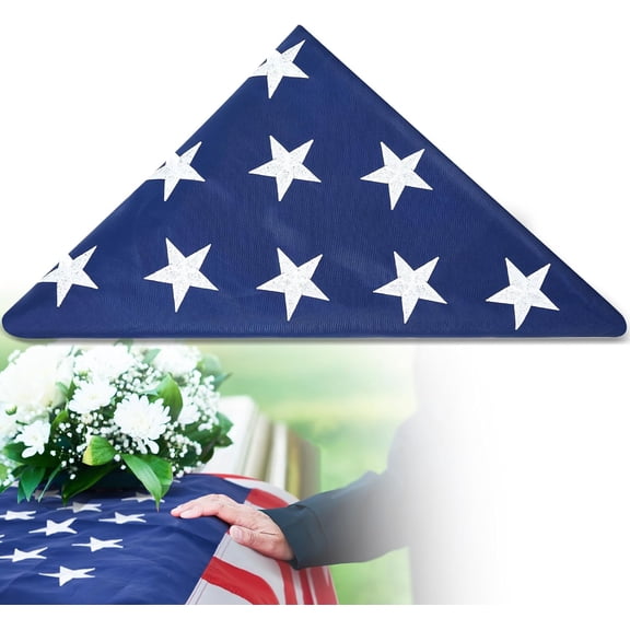 1 Pcs 5 x 9.5 ft Folded Memorial American Flag | USA Burial Embroidered Stars Sewn Stripes Flags for Graves Casket Veteran Military Display Case, 4 Rows of Lock Stitching