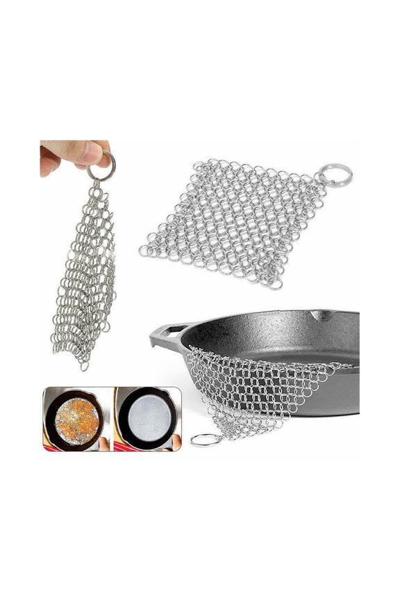 1 Pcs 6x8inch Iron Pan Scrubber, Cast Iron Skillet Cleaner Scrubber Stainless Steel Chainmail Scrubber for Griddle Skillet Wok Pot Cast Iron Pan