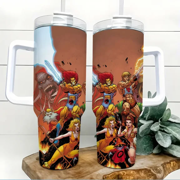 1 Pcs 80s Cat Warriors and Sword Hero Inspired 40oz Insulated Tumbler with Handle and Straw Retro 80s Cartoon Hero Battle Lion Warrior Sword Fantasy Stainless Steel Water Bottle Travel Mug Birthday