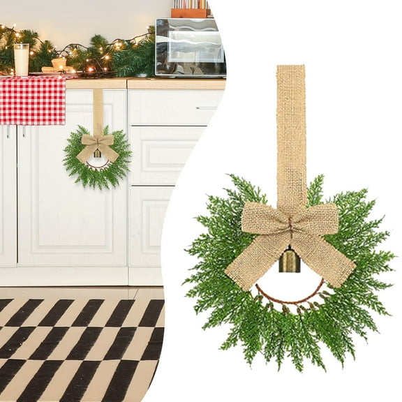1 Pcs 9.8" Small Christmas Cabinets Wreaths Mini Wreaths for Kitchen Window Chair Backs with Ribbon Bell Artificial Greenery for Farmhouse Holiday Decoration (Rough Linen,Retro,Linen)