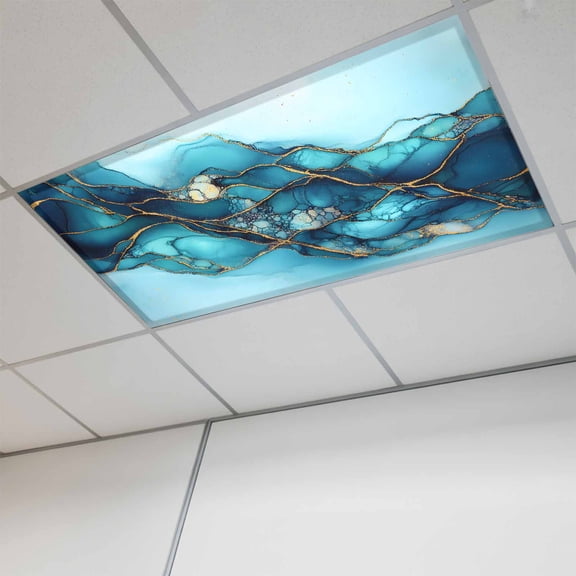 1 Pcs Abstract Art Marble Texture Fluorescent Light Covers Gold Teal Green Gradient Modern Art Magnetic Light Covers for Ceiling Lights 4 x 2 ft Drop Ceiling Lights Cover Shade for Office, Home