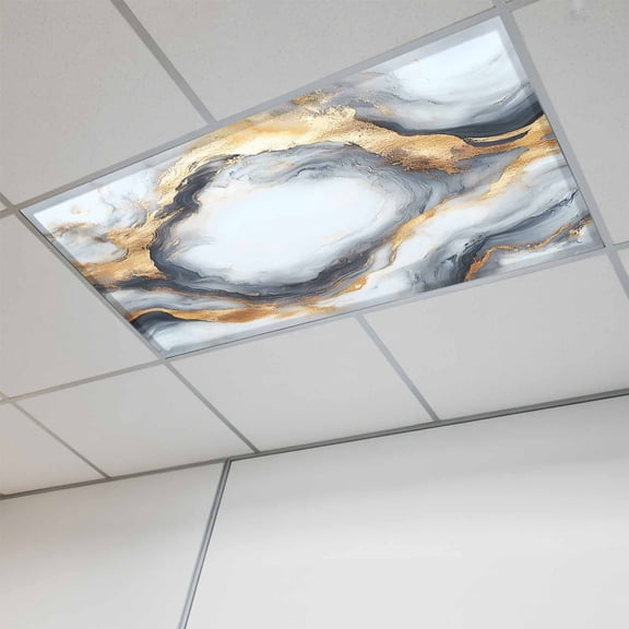 1 Pcs Abstract Impressionist Fluorescent Light Covers Gary Gold Marble Texture Magnetic Light Covers for Ceiling Lights 4 x 2 ft Drop Ceiling Lights Cover Shade for Office, Home, Hospital