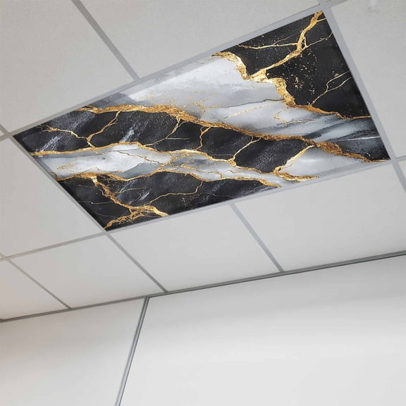 1 Pcs Abstract Marble Fluorescent Light Covers Black Gold Crack Texture Impressionist Magnetic Light Covers for Ceiling Lights 4 x 2 ft Drop Ceiling Lights Cover Shade for Office, Home, Hospital