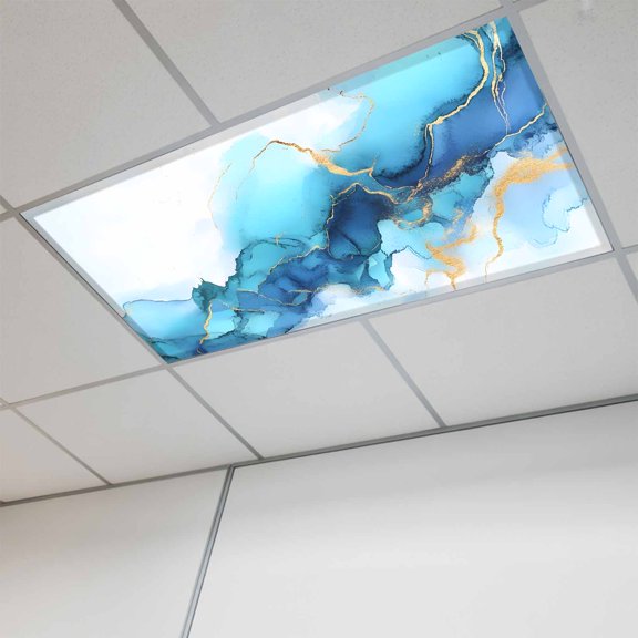 1 Pcs Abstract Marble Texture Fluorescent Light Covers Blue Gold Gradient Modern Art Decoration Magnetic Light Covers for Ceiling Lights 4 x 2 ft Drop Ceiling Lights Cover Shade for Office, Home