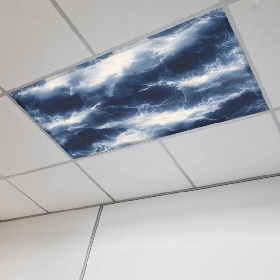1 Pcs Abstract Ocean Waves Fluorescent Light Covers Dark Blue Rainstorm Modern Magnetic Light Covers for Ceiling Lights 4 x 2 ft Drop Ceiling Lights Cover Shade for Office, Home, Hospital