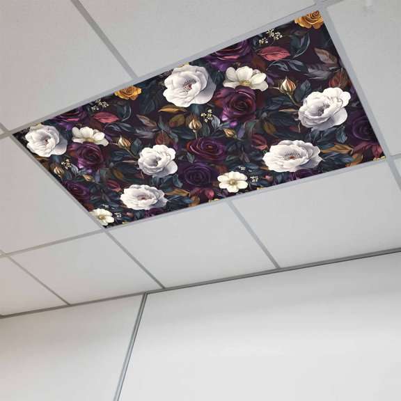 1 Pcs Abstract White Purple Flowers Fluorescent Light Covers Roses Modern Art Magnetic Light Covers for Ceiling Lights 4 x 2 ft Drop Ceiling Lights Cover Shade for Office, Home, Hospital