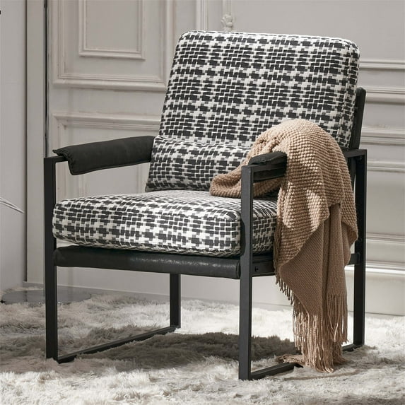 1 Pcs Accent Chair Armchair, Sofa Chair, Single Iron Frame Chair, Indoor Leisure Chair, with Armrest Frame, Comfy Side Chair, for Dining Room, Vanity, Living Room, Bedrooms, Black and White