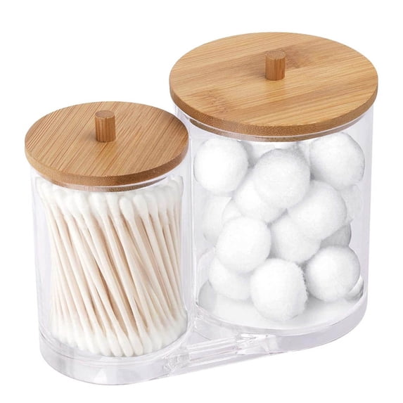 1 Pcs Acrylic Qtip Holder with Bamboo Lid, Clear Bathroom Organizer Accessories Decor for Storage-Qtips Cotton Ball Holder Apothecary Jars, Cotton Swabs, Floss Container