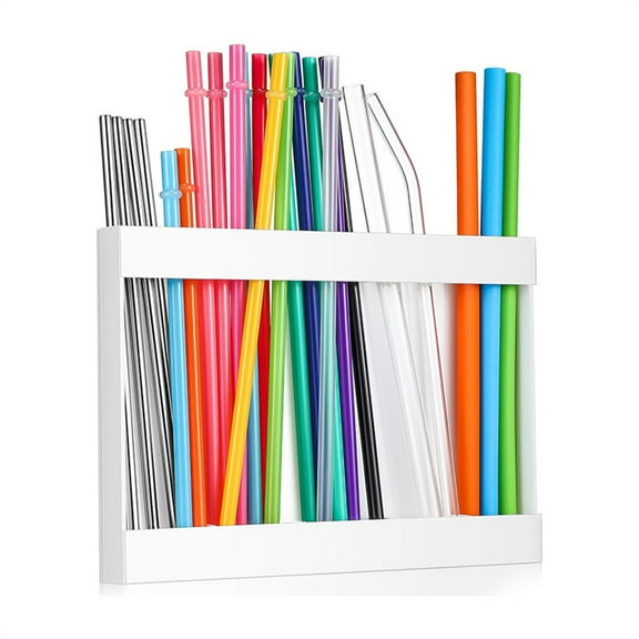1 Pcs Acrylic Straw Holder,Happon White Reusable Straw Organizer Straw Holder Dispenser Straw Storage Container with Double Sided Adhesive Tapes for Counter Cabinet Cupboard Kitchen