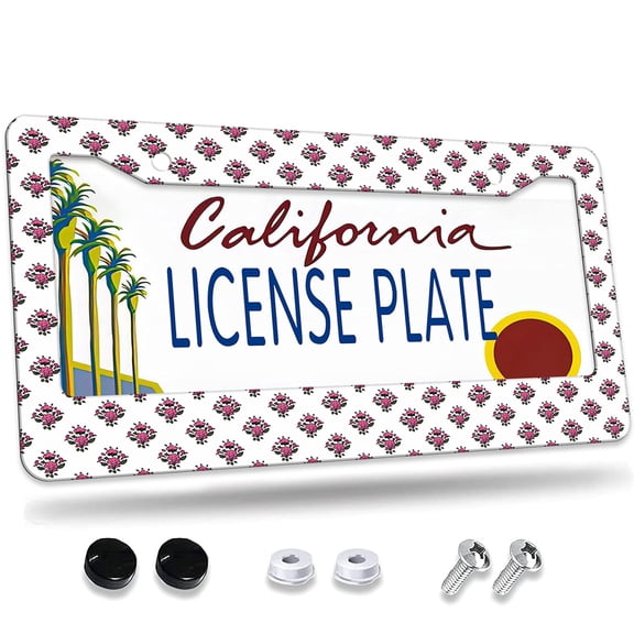 1 Pcs Pink Floral Repeat License Plate Frame,License Plate Cover for Car Decorative Parts,Aluminum License Plate Bracket Holder Rust-Proof for US Standard Car