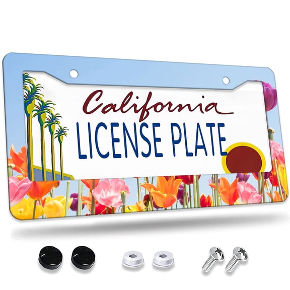 1 Pcs Colorful Tulips Field License Plate Frame,License Plate Cover for Car Decorative Parts,Aluminum License Plate Bracket Holder Rust-Proofof for US Standard Car