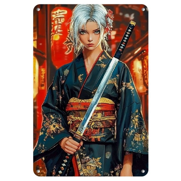 1 Pcs Anime Samurai Girl Iron Tin Sign Wall Art, Vintage Metal Decor for Home, Bar, Club, Cafe, Restaurant, Billiard Room, Hotel - 20x30cm/8x12inch