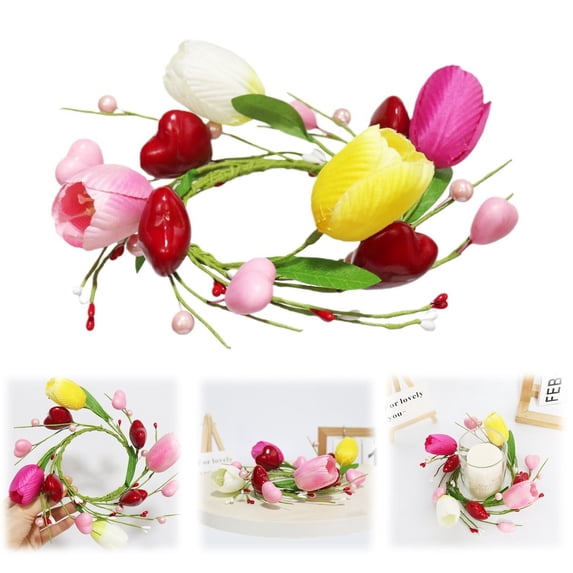 1 Pcs Artificial Candle Rings Wreaths,Yellow And Rose Red Tulip And Berry Floral Candle Ring 3 Inch Center,Valentines Day Decorations Candlerings for Dating Pillar Candle, By Preplabs