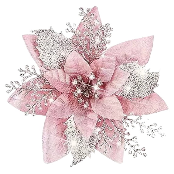 1 Pcs Artificial Christmas Glitter Flowers, Xmas Tree Flower Ornament Decor,Gold Xmas Glitter Poinsettia Artificial Flowers Christmas Tree Decorations Ornaments DIY Decor(Pink)