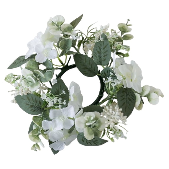 1 Pcs Artificial Hydrangea Candle Rings Wreaths,9.84 Inch Small Wreath Pillar Candle Holder,Center Mini Artificial Flower Wreaths Candle Ring Wreaths Holder,For Wedding Door Wall Window Decor,White