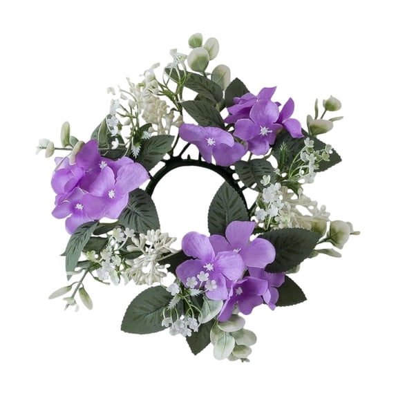 1 Pcs Artificial Hydrangea Candle Rings Wreaths,9.84 Inch Small Wreath Pillar Candle Holder,Center Mini Artificial Flower Wreaths Candle Ring Wreaths Holder,For Wedding Door Wall Window Decor,Purple
