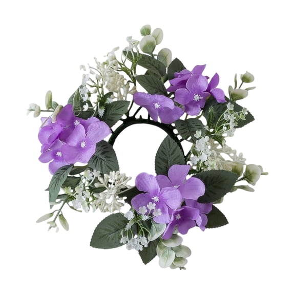 1 Pcs Artificial Hydrangea Candle Rings Wreaths,9.84 Inch Small Wreath Pillar Candle Holder,Center Mini Artificial Flower Wreaths Candle Ring Wreaths Holder,For Wedding Door Wall Window Decor,Purple