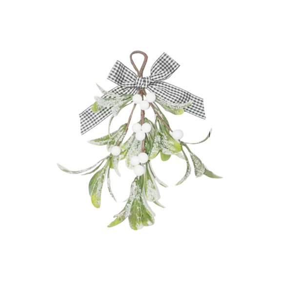1 Pcs Artificial Mistletoe Picks Decor, 23Cm Xmas Hanging Bunch Ornament With Black & White Gingham Bow & White Berries, Realistic Fake Mistletoe Kissing Ball For Home Door
