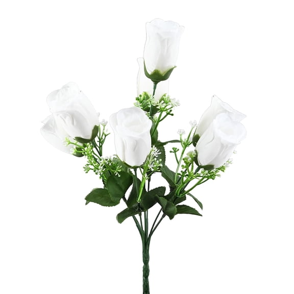 1 Pcs Artificial Rose Flowers Bouquet,Artificial Cemetery Flowers,Rose Bud Bouquet,Realistic Silk Rose Fake Flowers,For Wedding Home Centerpieces Party Cemetery Decor,(White-7 Heads,14 in)