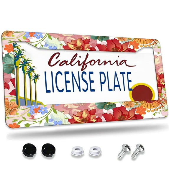 1 Pcs Assorted Colorful Flowers License Plate Frame,License Plate Cover for Car Decorative Parts,Aluminum License Plate Bracket Holder Rust-Proof for US Standard Car