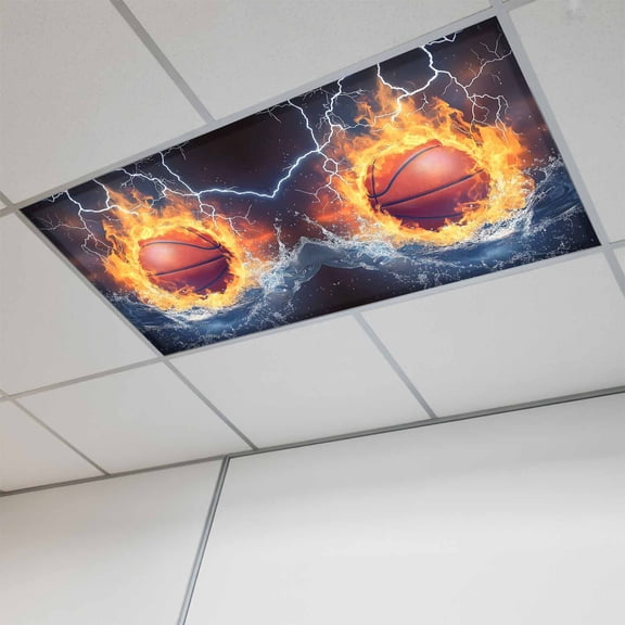 1 Pcs Basketball Fluorescent Light Covers Abstract Fire and Water Lightning Impact Magnetic Light Covers for Ceiling Lights 4 x 2 ft Drop Ceiling Lights Cover Shade for Office, Home, Hospital