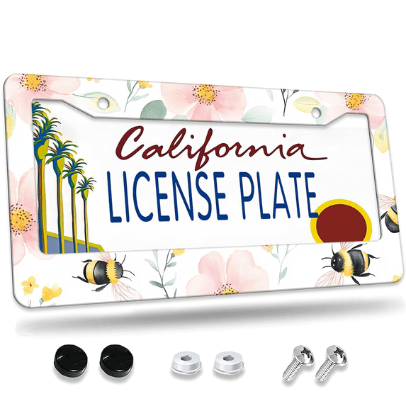 1 Pcs Bee and Flower License Plate Frame, License Plate Cover for Car Decorative Parts, Aluminum License Plate Bracket Holder Rust-Proof Weather-Proof for US Standard Car