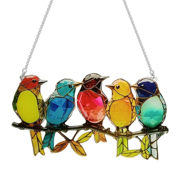 1 Pcs Birds on A Branch Stain Glass Suncatcherm, Stained Glass Window Hanging, Hand-Painted Sun Catchers Indoor Window Decoration Bird Lover Gift for Home