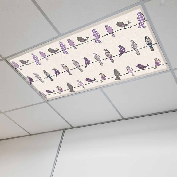 1 Pcs Birds on the Wire Purple Grey Burlap Background Fluorescent Light Covers Magnetic Light Covers for Ceiling Lights 4 x 2 ft Drop Ceiling Lights Cover Shade for Office, Home, Hospital