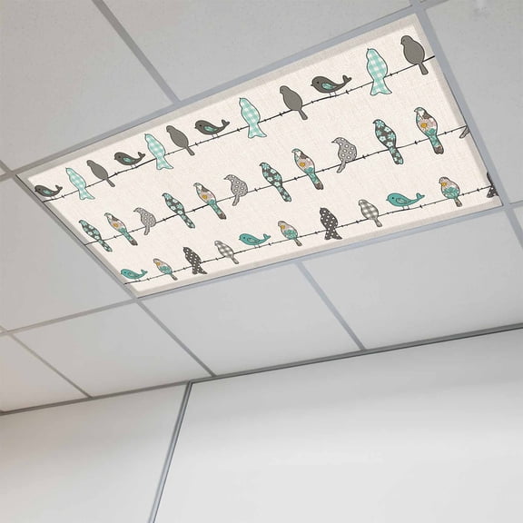 1 Pcs Birds on the Wire Teal Grey Burlap Background Fluorescent Light Covers Magnetic Light Covers for Ceiling Lights 4 x 2 ft Drop Ceiling Lights Cover Shade for Office, Home, Hospital
