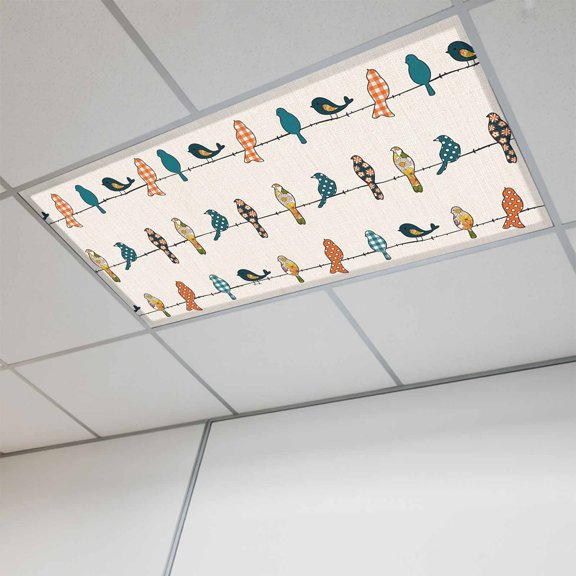 1 Pcs Birds on the Wire Teal Grey Orange Burlap Background Fluorescent Light Covers Magnetic Light Covers for Ceiling Lights 4 x 2 ft Drop Ceiling Lights Cover Shade for Office, Home, Hospital