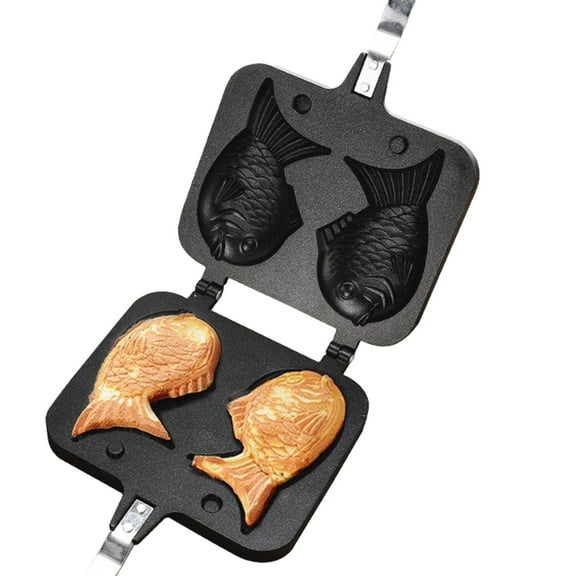 1 Pcs Black Cake Pan Waffle Pan Cake Pan Bread Waffle Maker Aluminum Alloy Non-stick Waffle Cake Maker with Long Handle 7.09inch, Pancake Baking Double Pan Mold