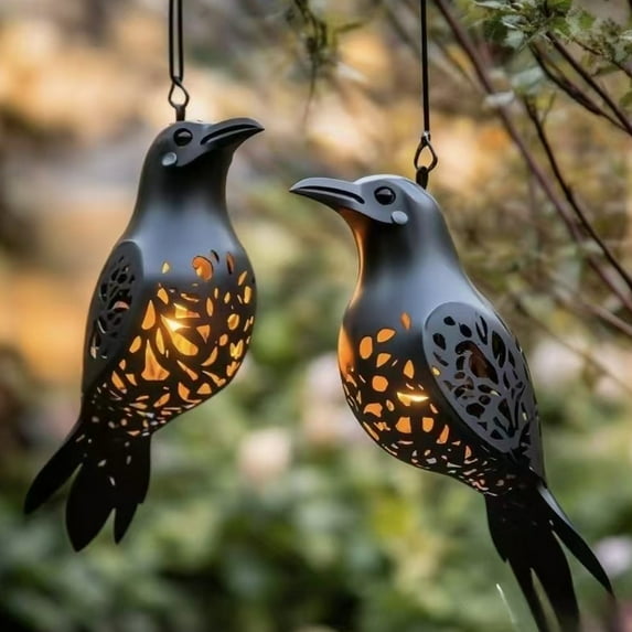 1 Pcs Black Hollow Metal Birds Shape Hanging Ornament With Lights Outdoor Atmosphere Home Decoration For Yard, Porch And Window